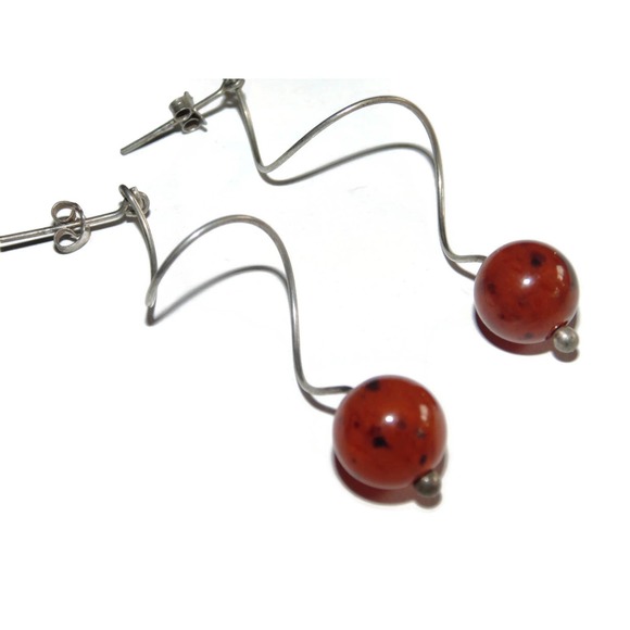925 Vintage Estate Sterling Silver Earrings Dangle Twist Wire Ball Orb Amber - Picture 2 of 4